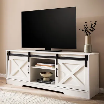Immagine prodotto di FineBuy Mobile TV basso bianco 150x59,5x39,5 cm Mobile TV in stile rustico moderno Mobile TV alto Tavolino TV Mobile TV con due ante scorrevoli