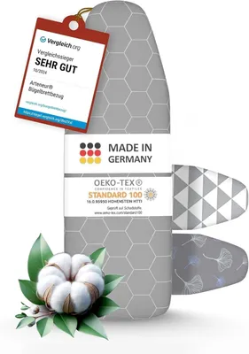 An ironing board cover with various certifications and branding.