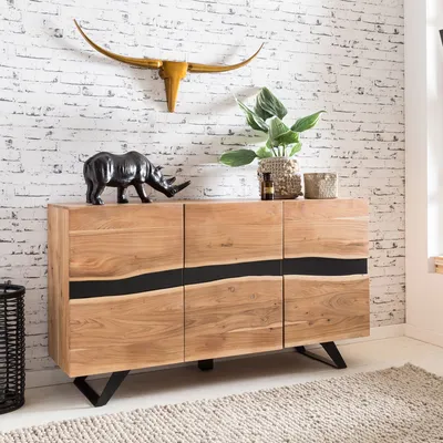 Immagine prodotto di FineBuy Credenza in legno massello di acacia 150 cm con 3 ante - Comò massiccio retrò con bordi naturali - Credenza dal design naturale - Fatto a mano in stile industriale