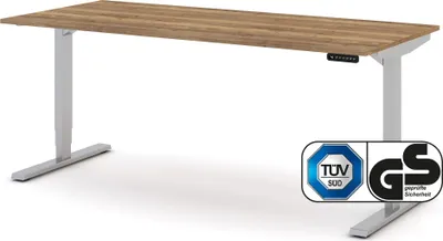 Produktbild von ASSMANN Elektrisch höhenverstellbarer Schreibtisch Y-Line Eiche Tabak Weißaluminium, 180x80cm, Memoryfunktion, Kollisionsschutz, 2-fach-Motorik