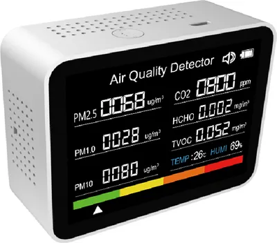 Obrázek produktu pro 8 v 1 Monitor kvality vzduchu CO2 Měřič oxidu uhličitého Detektor CO2 TVOC HCHO PM2.5 PM1.0 PM10 Teplota Detekce vlhkosti s funkcí alarmu pro domácnost Kancelář Auto