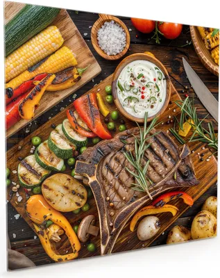 Produktbild von Küchenrückwand Spritzschutz Glas mit Motiv Grillmahlzeit 40 x 40 cm