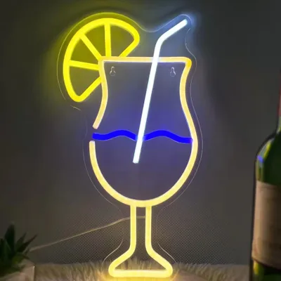 Produktbild von NEON LED Licht, dekorative Wand-Leuchte, Cocktail Glas mit Zitrone, gelb blau, ca. 40 x 20 x 2 cm