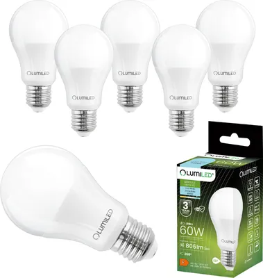 Produktbild von LUMILED A60 E27 LED Lampe, 8W (ersetzt 60W), 806 Lumen Leuchtmittel, 6500K kaltweiß Birnen Lampen, Nicht Dimmbar, 260° Grad Strahlwinkel Glühbirne 6er-Pack Energiesparlampe Tropfen