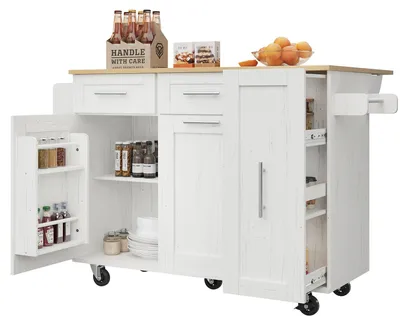 Image de Chariot de cuisine - Chariot de service - Îlot de cuisine - Armoire de rangement - Blanc - Mobile avec 4 roues
