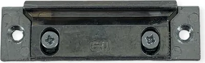 A close-up, straight-on view of a metal and plastic hardware component, likely a hinge or bracket, with two screws visible.