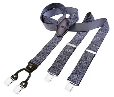 Immagine prodotto di Bretelle da uomo DonDon, larghezza 3,5 cm, 4 clip, con pelle marrone a forma di Y, elastiche e regolabili in lunghezza - motivo bianco e nero