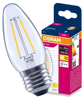 Obrázok produktu pre LED žiarovka E27, značka "Świeczka", model B35, 3,4 W (ekvivalent 40 W), 470 lm, 2700 K (teplá biela), 300° uhol vyžarovania, filamentová technológia, značka Osram, Obrázok generovaný UI