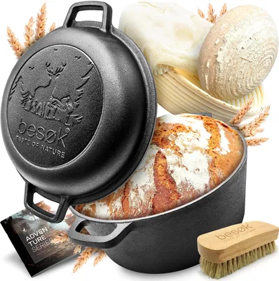 Produktbild von besøk Brottopf Set [inkl. Gärkorb + Bürste + Rezeptheft] Anti-Haft Patina Gusseisen Topf 26 cm 5,5 Liter zum Brot backen - Brotbackform induktion