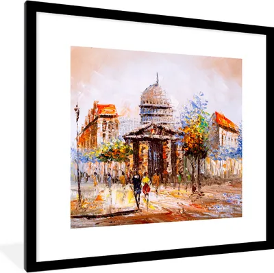 Produktbild von MuchoWow® Gerahmtes Poster Gemälde - Stadt - Öl 40x40 cm - Poster mit Schwarzem Bilderrahmen Wandposter Rahmen Foto Bilder - Poster - Plakat im Rahmen