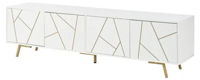 Productafbeelding van Witte TV-meubel met 4 deuren, modern design en asymmetrische, gouden accenten