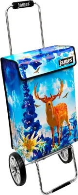 A shopping trolley with a colorful design featuring a deer and flowers.