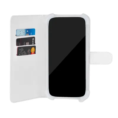 A white flip-style phone case with card slots is shown against a white background.