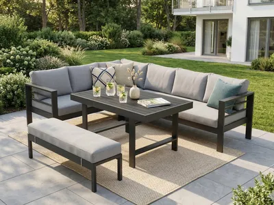 Produktbild von MeXo Gartenmöbel Set Aluminium 5-tlg. für 6-8 Personen mit Ecksofa, Bank und Esstisch, 12 cm Sitzkissen, wetterfest für Balkon, Terrasse und Garten