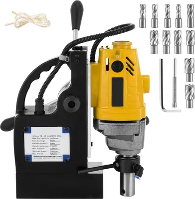 Zdjęcie produktu dla SucceBuy MD40 1-1/2-calowa elektryczna wiertarka magnetyczna, wiertarka 1100 W z 11-częściowym zestawem frezów HSS, precyzyjny zestaw frezów pierścieniowych, kompaktowa, odwracalna, Evolution Magnet Force, czarna