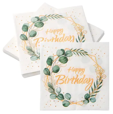 40 Papierservietten Happy Birthday, 33 x 33 cm, Retro Eukalyptus
