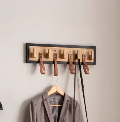 Obrázek produktu pro FineBuy Nástěnný věšák z masivního mangového dřeva, 60 cm – Nástěnný věšák z masivního dřeva – Nástěnná lišta s 5 háčky a 4 poutky z pravé kůže