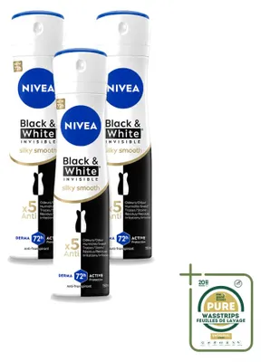 Productafbeelding van 3 x Nivea Deodorant Spray Black & White Invisible, zijdezacht, 150 ml - Voorraadverpakking - 3 stuks