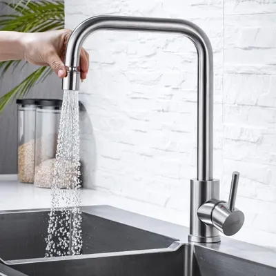 Immagine prodotto di Rubinetto da cucina con 2 erogatori - Doccia rotante - Acciaio inox - Monocomando - Girevole a 360° - Rubinetto miscelatore