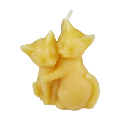 Immagine prodotto di Candele in cera d'api a forma di gatto, coppia, 7 cm, teste appoggiate l'una sull'altra, prodotte a mano
