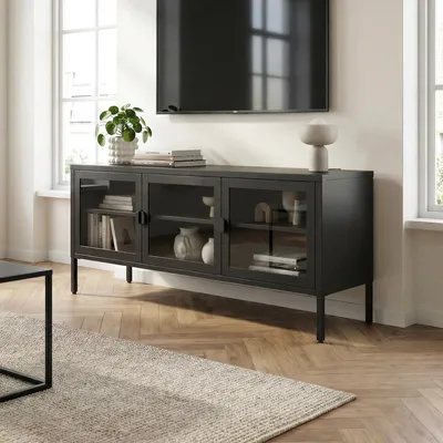 Produktbild von Metall-TV-Lowboard 130cm 3 Türen, Schwarz und Sicherheitsglas EZRA