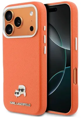 Immagine prodotto di Custodia per iPhone 17 Pro Max, Karl Lagerfeld HardCase Karl and Choupette Head Pin Saffiano, arancione