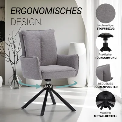Produktbild von Homestyle4u Esszimmerstühle 6er Set drehbar mit Armlehnen Polsterstuhl Armlehnenstuhl Grau Stoff