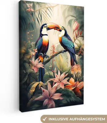Produktbild von MuchoWow® - Leinwandbilder - Tukan - Vögel - Blumen - Natur - Dschungel, Wandbild, Wanddeko Bilder Wohnzimmer, 40x60 cm