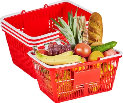 Zdjęcie produktu dla Koszyk na zakupy SucceBuy, 4 sztuki, 21 litrów, wytrzymały koszyk z tworzywa PE z uchwytami, z możliwością sztaplowania i przenoszenia, idealny do sklepów spożywczych, detalicznych, supermarketów i użytku domowego, czerwony