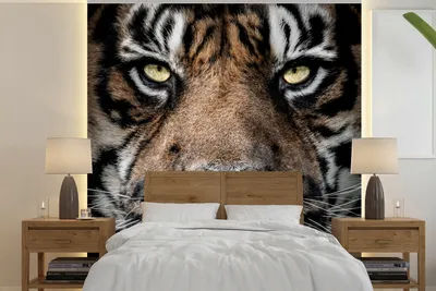 Produktbild von MuchoWow® Fototapete für Wohnzimmer oder Schlafzimmer Wandtapete Vinyl Motivtapete Porträt-Tiger auf schwarzem Hintergrund - 300x300 cm - Wanddekoration