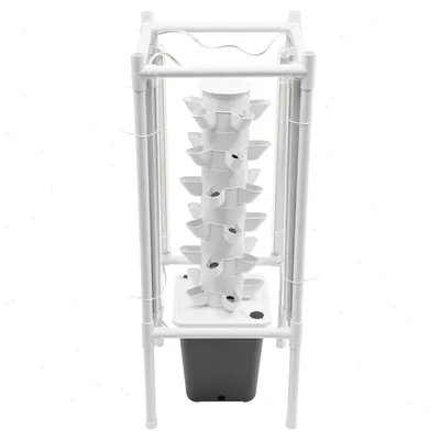 Produktbild von Hydroponik Anzuchtsystem - Turm-Set - 6 Ebenen - 30 Pflanzlöcher - 4 LED-Pflanzenlampen - 10 l Tank - Indoor/Outdoor - 39×39×97 cm - Grau