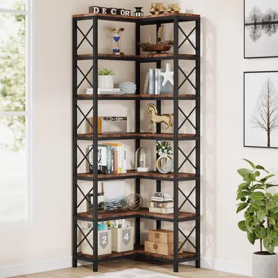 Immagine prodotto di Libreria a scaffali a forma di "E", 7 ripiani, stile vintage, colore marrone, realizzata in metallo e legno, altezza 200 cm
