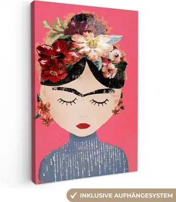 Zdjęcie produktu dla MuchoWow® - Obraz na płótnie - Frida Kahlo - Kobieta - Vintage - Kwiaty - Sztuka, dekoracja ścienna, obrazy do salonu, 60x90cm