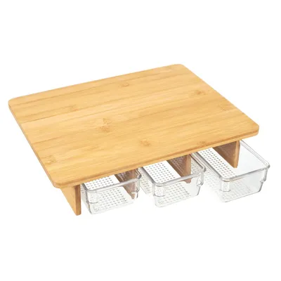 Produktbild von Küchen-Schneidebrett aus Bambus mit 3 Vorbereitungsschalen, Transparente Aufbewahrungsbehälter, Braun