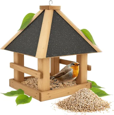 Produktbild von PATKAR Vogelhaus zum Aufhängen - Futterhaus für Vögel aus Kieferholz - Vogelfutterhaus Vogelfutterstation für Wildvögel Vogel Futterstation + 500g Futter Gratis