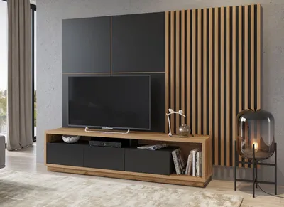 Produktbild von Wohnzimmer Set CELINE Lowboard mit Wandpaneel und 2 Lamellenwänden wotan eiche schwarz