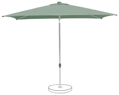 A rectangular patio umbrella with a light green canopy and a silver pole, standing on a white background.