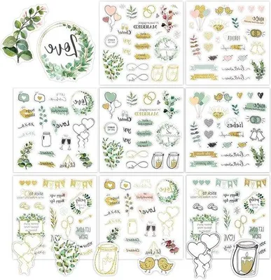 Produktbild von 8 Blätter Selbstklebender Sticker Set - Exquisite Gold-Gelbe Designs für Fotoalbum und Gastenbuch - Dekorative Sticker für Hochzeit mit Selbstklebender Rückseite