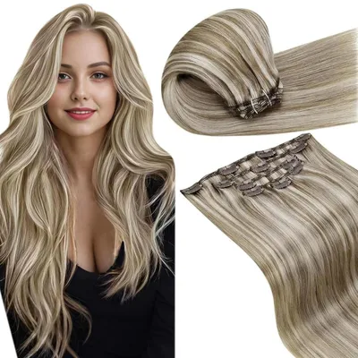 Zdjęcie produktu dla Pasemka do włosów z naturalnych włosów, jasnobrązowe z pasemkami platynowobłond, podwójne, długość 30 cm, waga 80 g, zestaw 5 sztuk