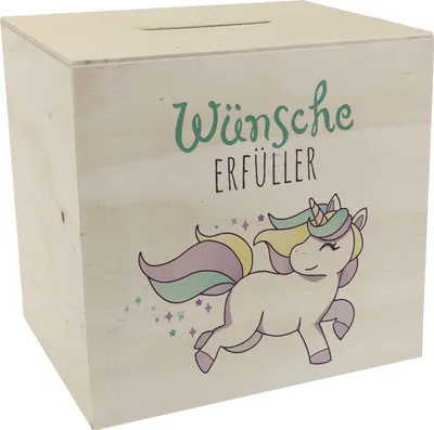 Produktbild von Einhorn Spardose aus Holz mit Spruch Wünscheerfüller