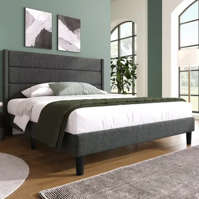 Produktbild von Flieks Polsterbett 140x200cm mit Lattenrost und Kopfteil, Bettgestell Doppelbett Jugendbett Leinenstoff, Grau