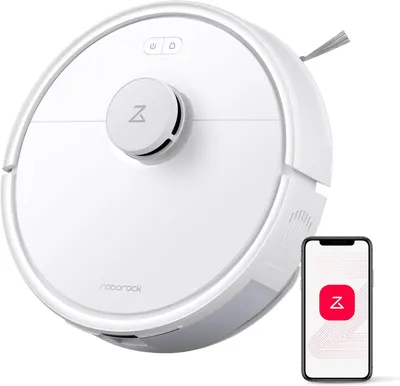 A white robot vacuum cleaner is shown next to a smartphone displaying its app.