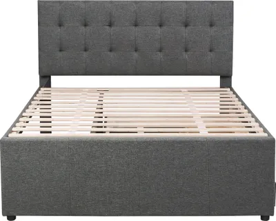Produktbild von Merax Polsterbett 140x200cm mit höhenverstellbarem Kopfteil, 3 Schubladen mit Unterbett 90x190cm, Doppelbett Leinen Stauraumbett, Grau