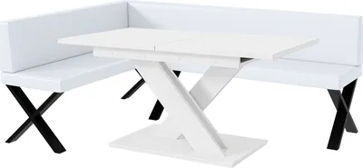 Produktbild von MEBLINI Eckbank für Esszimmer mit ausziehbarem Tisch  - Küchenbank - Essecke - Sitzecke Küche - TONI - X-Beine 142x196x87cm Links - Weiß Kunstleder/B Weiß Matt