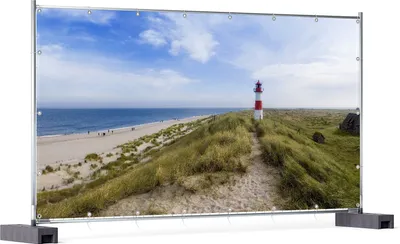 Produktbild von Wallario XXL Outdoor-Poster für Garten oder Balkon, Motiv Am Strand von Sylt  Leuchtturm auf der Düne  Panorama, in ca. 340 x 173 cm