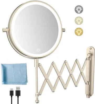 Immagine prodotto di Specchio cosmetico ricaricabile tramite USB con ingrandimento 1x/10x, illuminazione a 3 colori, specchio per il trucco con braccio estensibile, specchio da parete girevole a 360° in nichel con presa USB.
