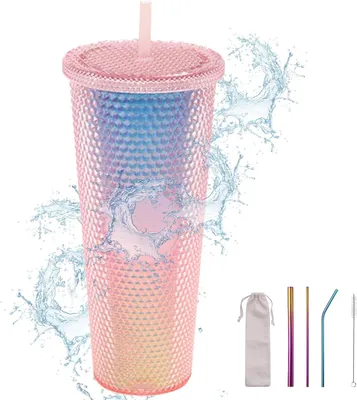 Produktbild von Doppelwandige Kunststoff-Trinkbecher mit Deckel und Strohhalm, 710 ml, Kaltgetränkebecher für Eiskaffee oder Wasser unterwegs (Rosa)