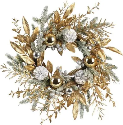 Productafbeelding van Famanu kerstkrans, 50 cm, met dennenappels en kerstballen - Gouden kunstkrans voor decoratie van de deur