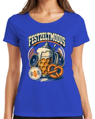 Productafbeelding van Feesttentmodus, , Wiesn, bierkan, pretzel, lederen broek, dirndl, dames T-shirt, blauw, maat L