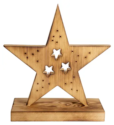 Produktbild von LED Holzstern H: 29cm natur, Deko im Landhaus Stil, aus Holz in natur, 28 x 1,8 x 29 cm, mit LED Platine – für Innenräume – Batteriebetrieb – Timerfunktion – Schiebeschalter